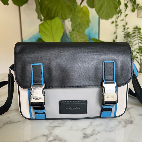 COACH Track Crossbody In Colorblock Chalk Black Gravel Gray Blue Leather C2865 - Picture 2 of 15